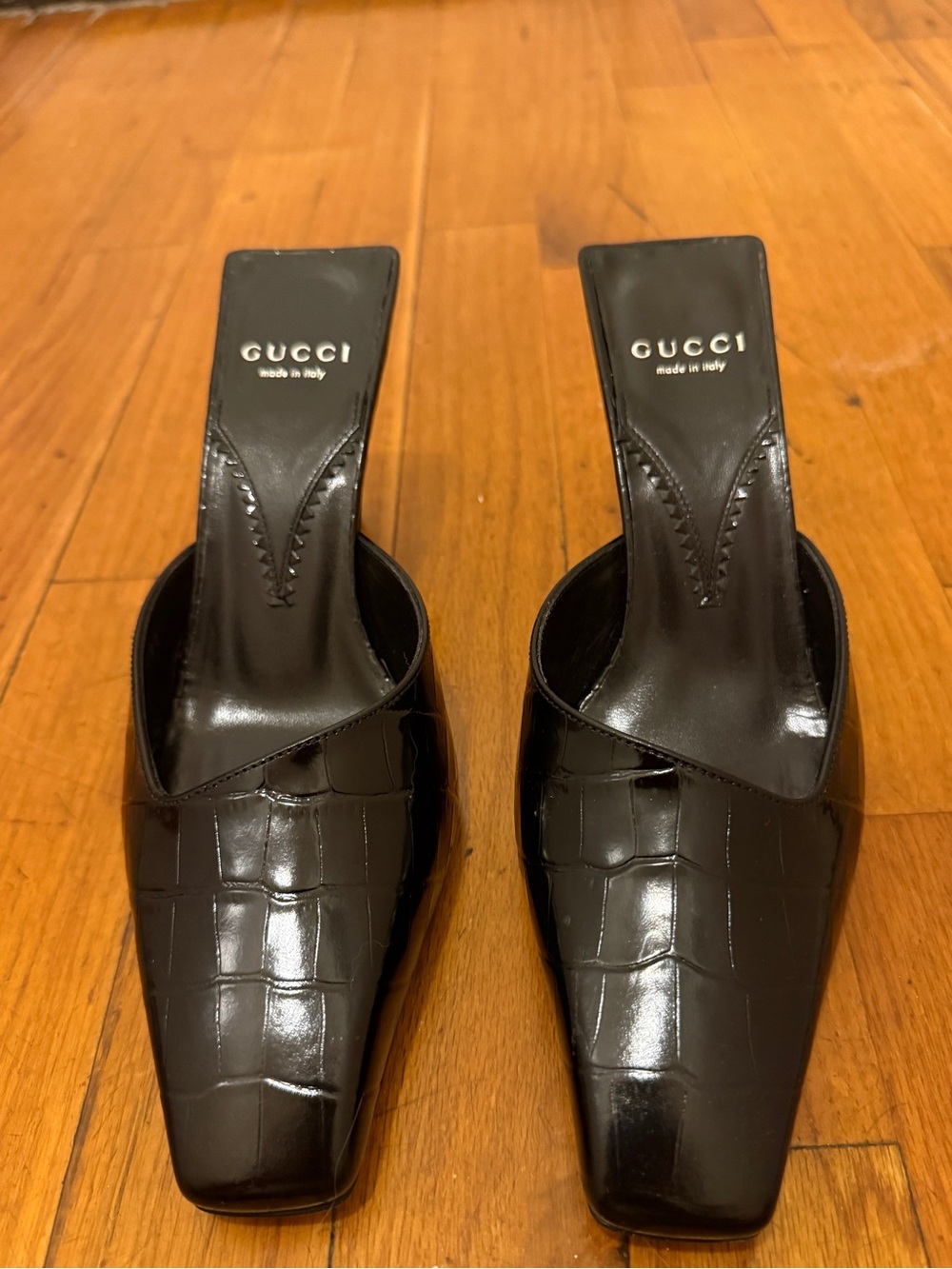 Gucci Black Patent Croc-Embossed Square-Toe Mules